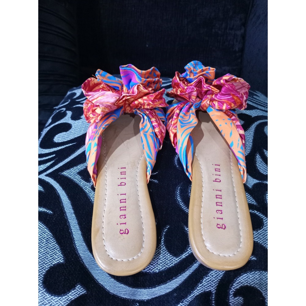 Gianni Bini Tropical Floral Ruffle Bow Flat Slide Sandals Orange Pink Blue 7.5M